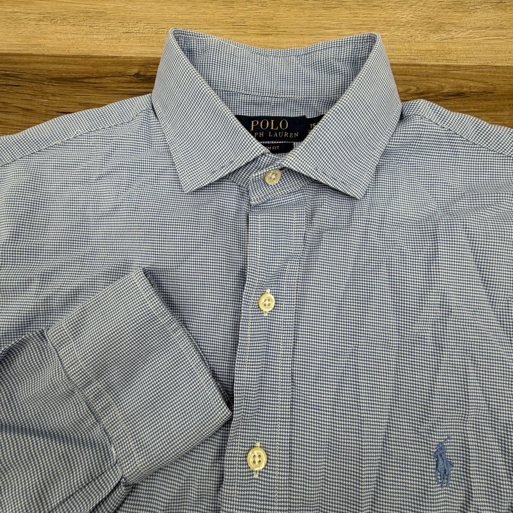RALPH LAUREN POLO MEN SHIRT SLIM FIT 15 32/33 BLUE WHITE CHECK COTTON OXFORD